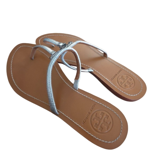 Tory Burch Silver Metallic Leather Strap T Logo Thong 7.5 - Picture 9 of 16